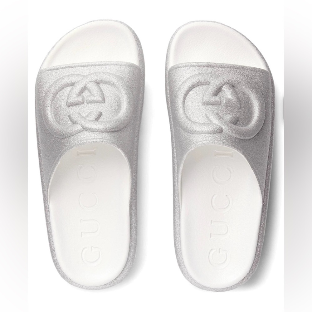 NWT! GUCCI silver glitter interlocking GG logo platform slide - 6 - Picture 2 of 14